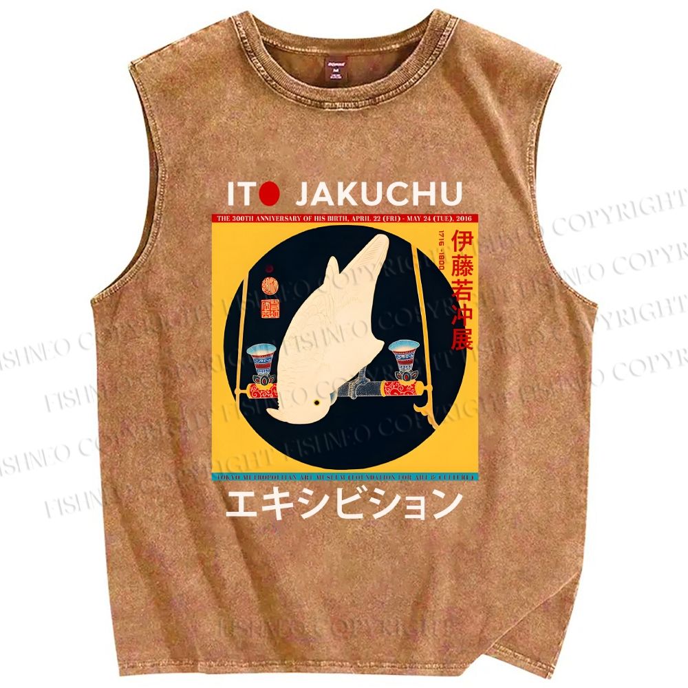 Unisex White Parrot Printed Washed Tank Top