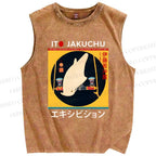Unisex White Parrot Printed Washed Tank Top