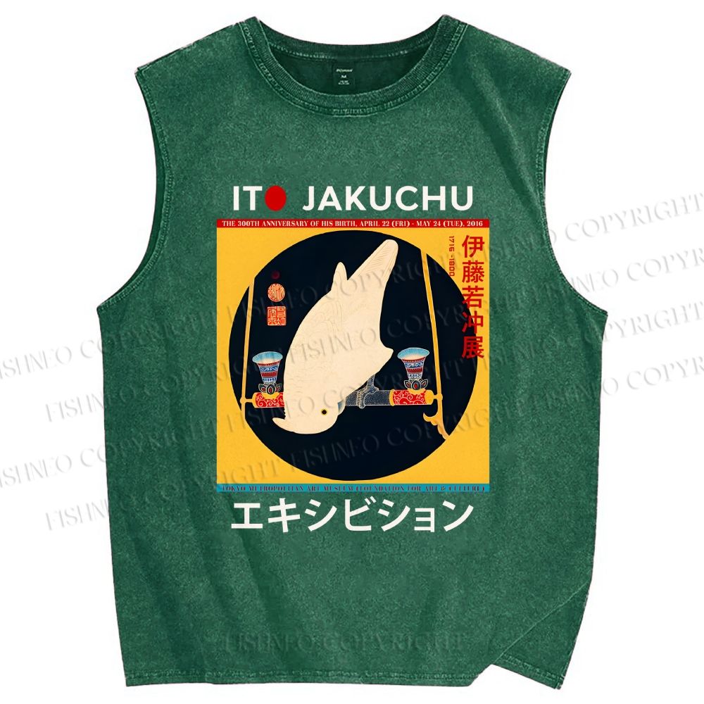 Unisex White Parrot Printed Washed Tank Top
