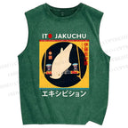 Unisex White Parrot Printed Washed Tank Top