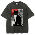 Unisex Japanese Style Secret Cat Meme Printed Washed Tee