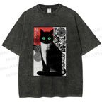 Unisex Japanese Style Secret Cat Meme Printed Washed Tee