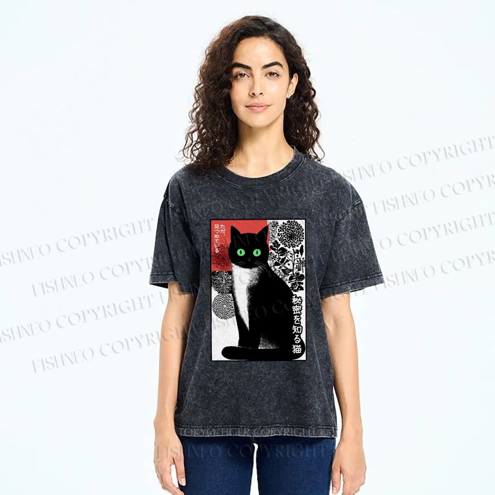Unisex Japanese Style Secret Cat Meme Printed Washed Tee