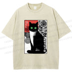Unisex Japanese Style Secret Cat Meme Printed Washed Tee