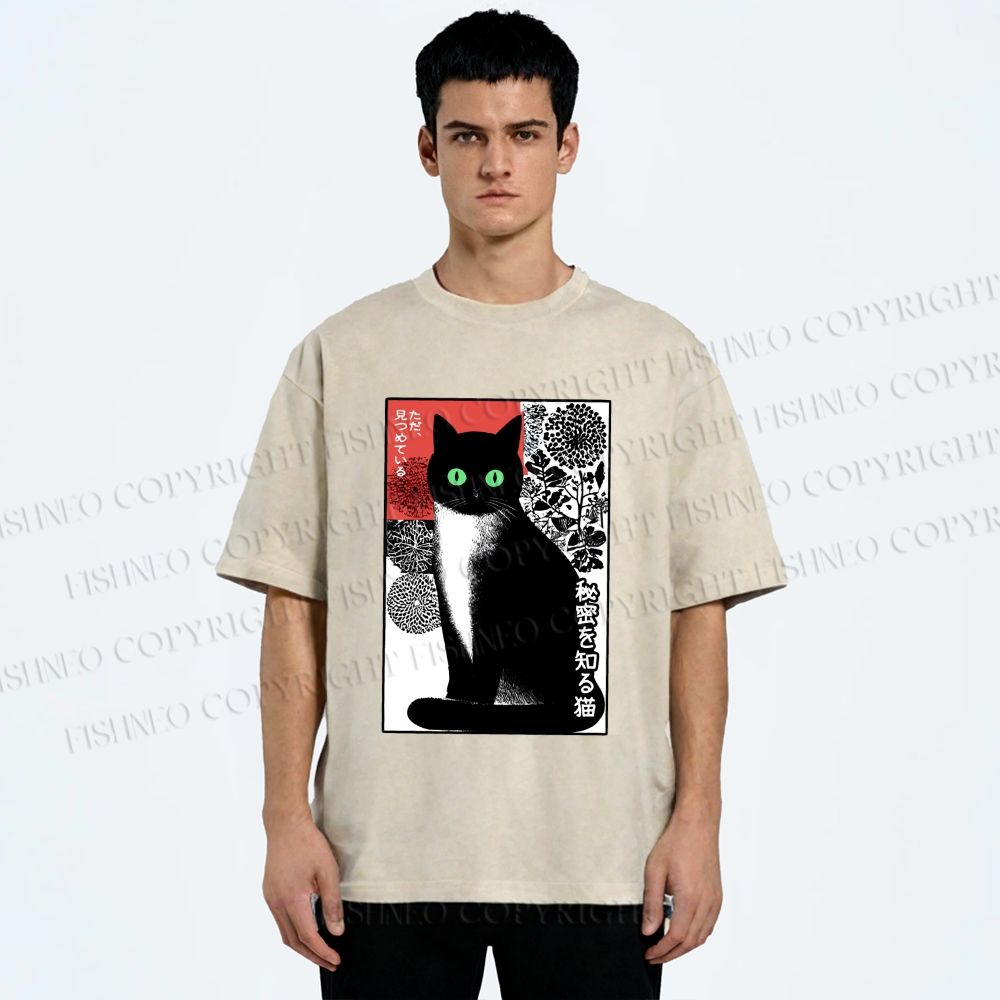 Unisex Japanese Style Secret Cat Meme Printed Washed Tee