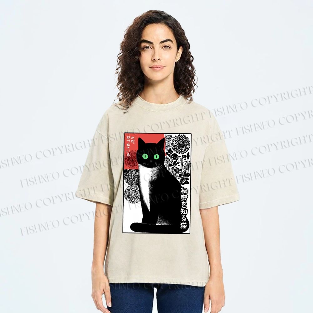 Unisex Japanese Style Secret Cat Meme Printed Washed Tee