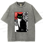 Unisex Japanese Style Secret Cat Meme Printed Washed Tee