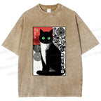 Unisex Japanese Style Secret Cat Meme Printed Washed Tee