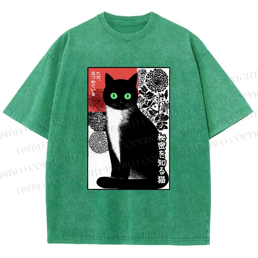 Unisex Japanese Style Secret Cat Meme Printed Washed Tee