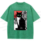 Unisex Japanese Style Secret Cat Meme Printed Washed Tee
