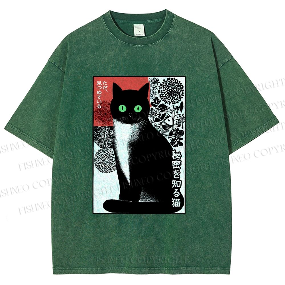 Unisex Japanese Style Secret Cat Meme Printed Washed Tee