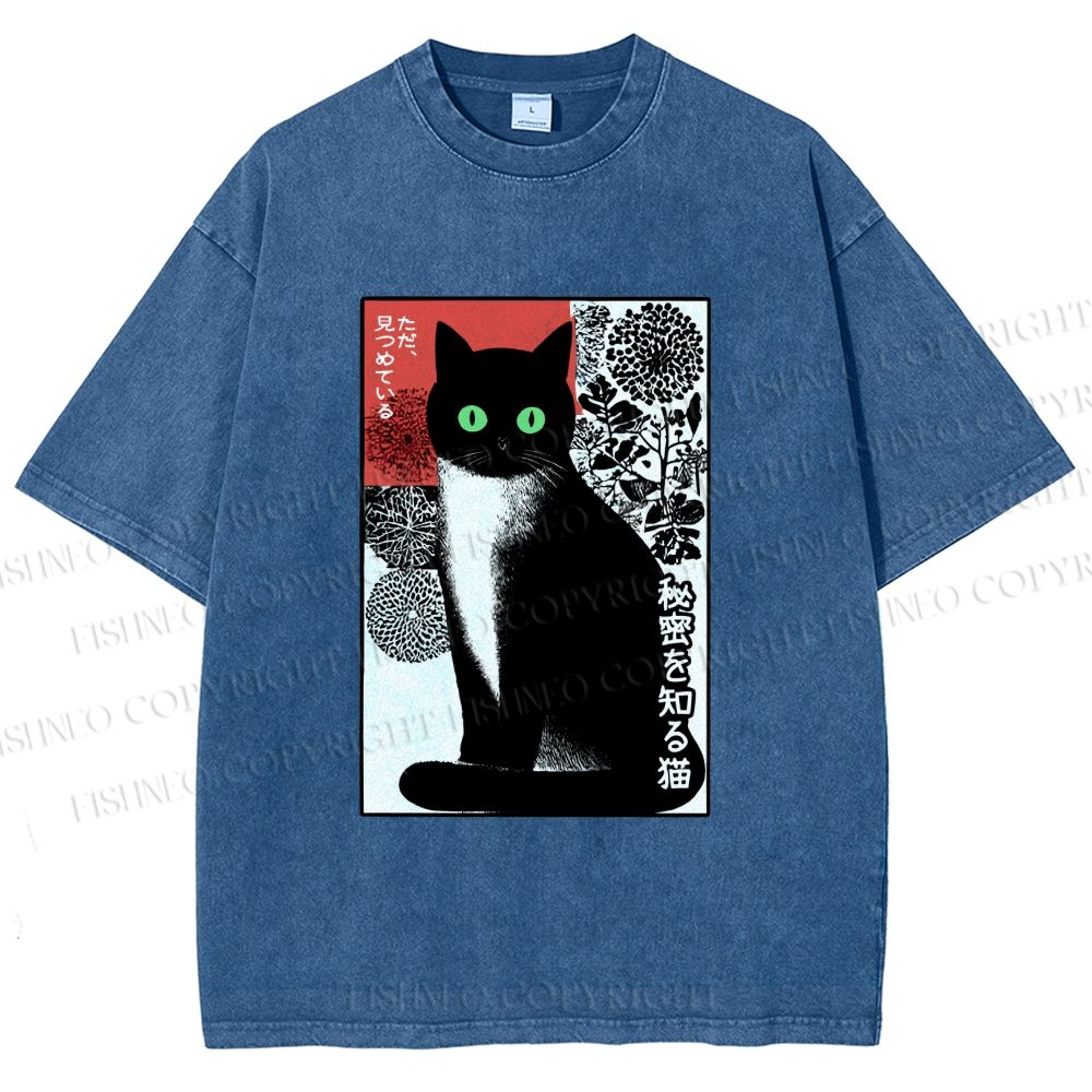 Unisex Japanese Style Secret Cat Meme Printed Washed Tee
