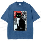 Unisex Japanese Style Secret Cat Meme Printed Washed Tee