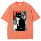 Unisex Japanese Style Secret Cat Meme Printed Washed Tee