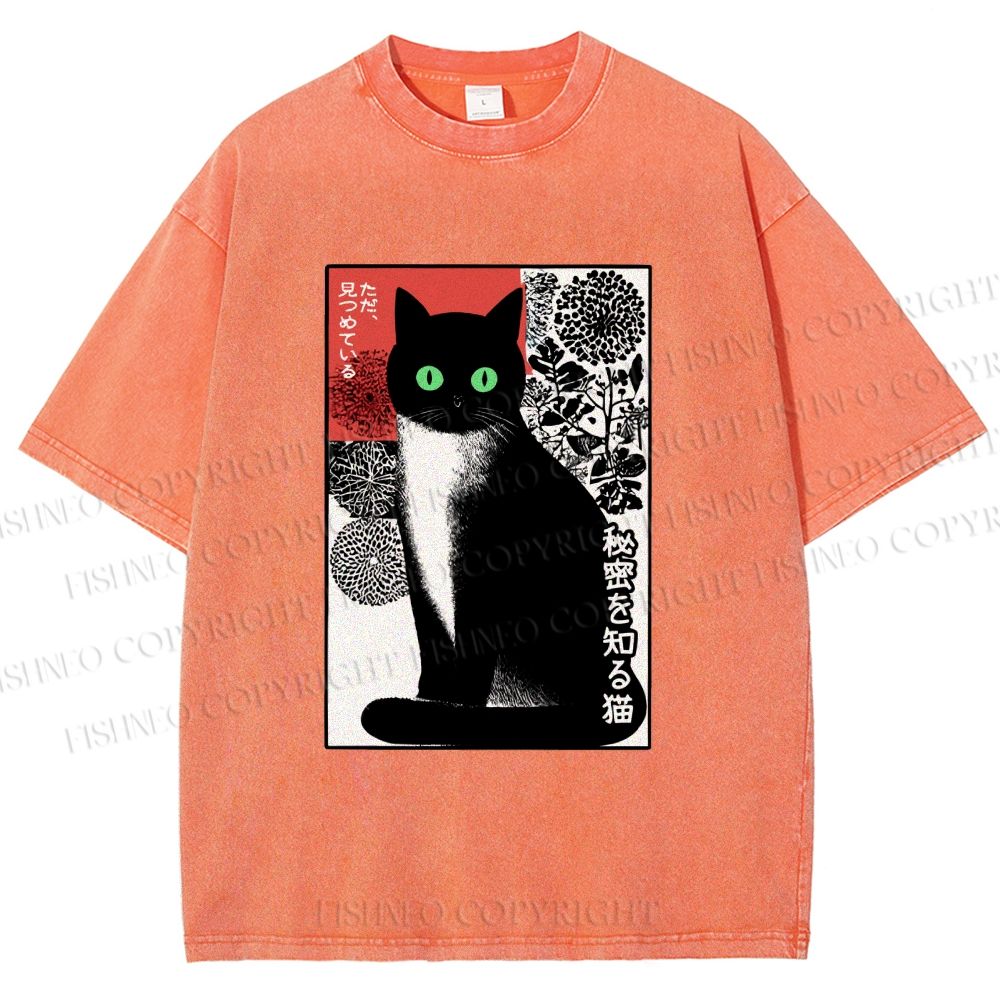 Unisex Japanese Style Secret Cat Meme Printed Washed Tee