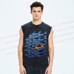 Unisex Orange Fish in Blue Printed Washed Tank Top