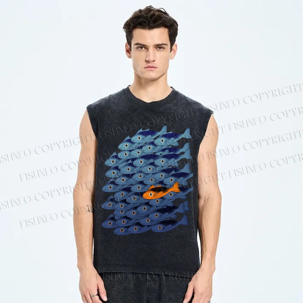 Unisex Orange Fish in Blue Printed Washed Tank Top