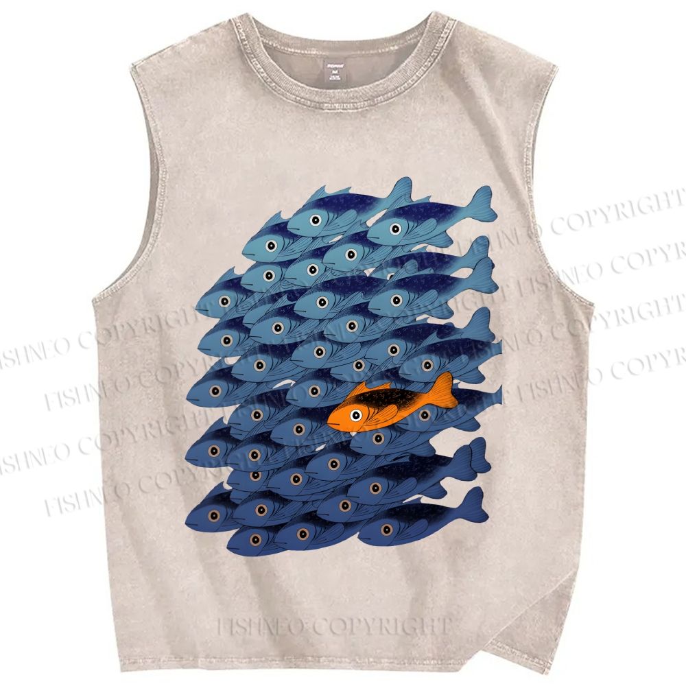 Unisex Orange Fish in Blue Printed Washed Tank Top