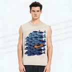 Unisex Orange Fish in Blue Printed Washed Tank Top
