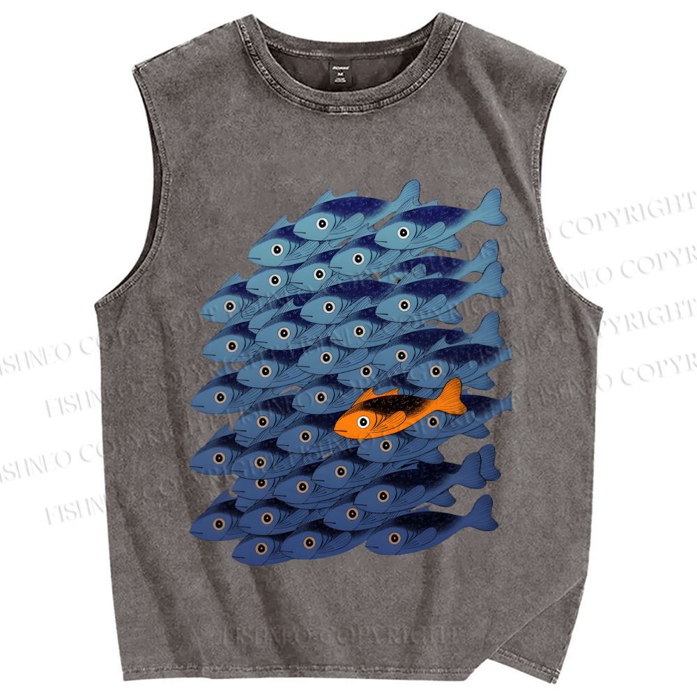 Unisex Orange Fish in Blue Printed Washed Tank Top