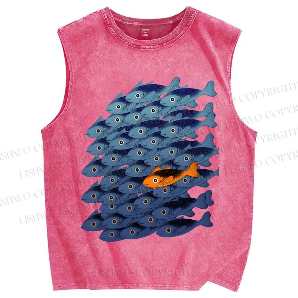 Unisex Orange Fish in Blue Printed Washed Tank Top