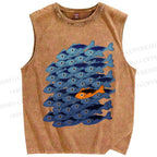 Unisex Orange Fish in Blue Printed Washed Tank Top