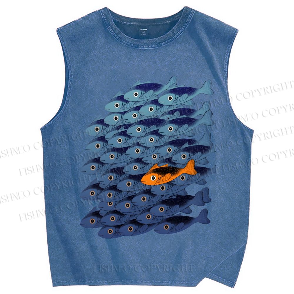 Unisex Orange Fish in Blue Printed Washed Tank Top