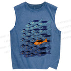 Unisex Orange Fish in Blue Printed Washed Tank Top