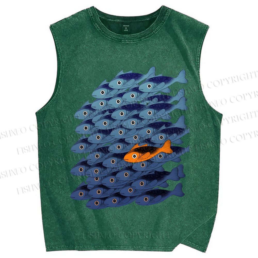 Unisex Orange Fish in Blue Printed Washed Tank Top