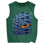 Unisex Orange Fish in Blue Printed Washed Tank Top