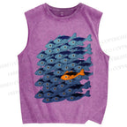 Unisex Orange Fish in Blue Printed Washed Tank Top