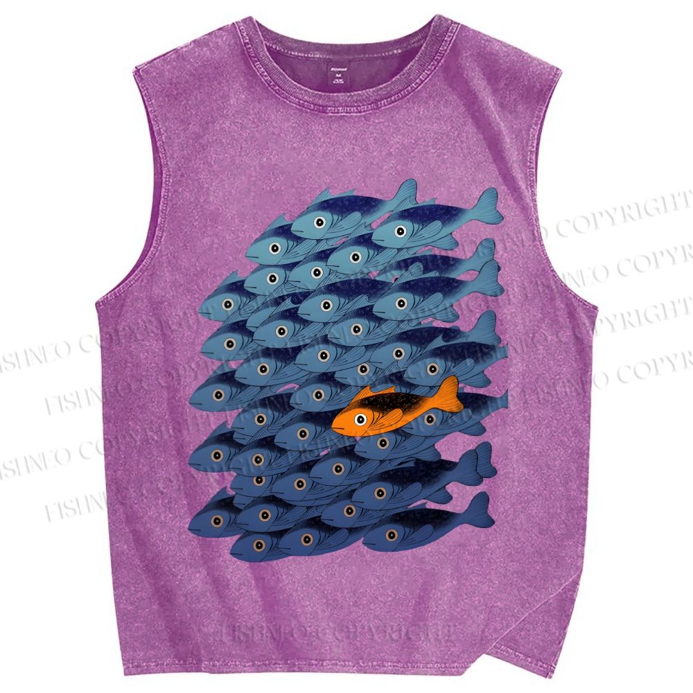 Unisex Orange Fish in Blue Printed Washed Tank Top