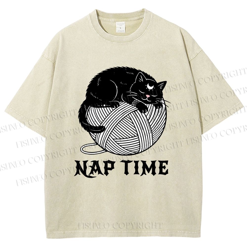 Unisex Nap Time Cat Printed Washed Tee