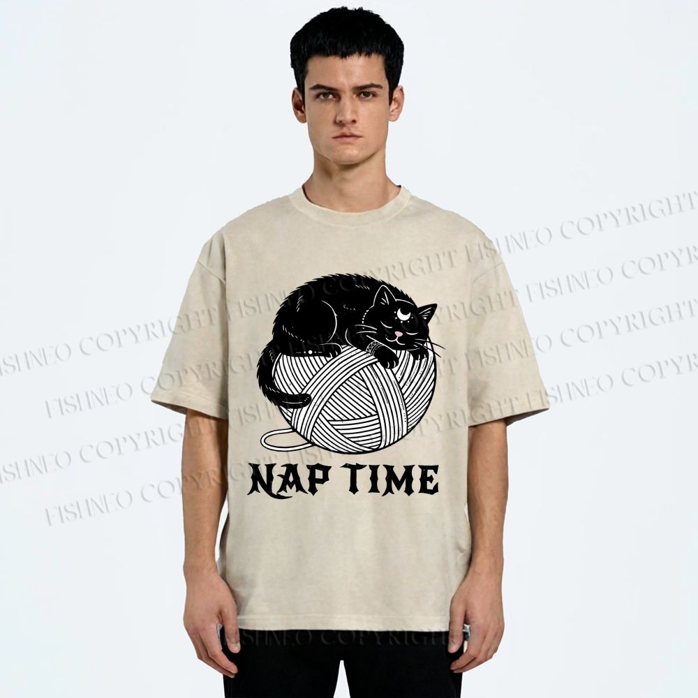Unisex Nap Time Cat Printed Washed Tee