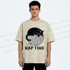 Unisex Nap Time Cat Printed Washed Tee