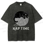 Unisex Nap Time Cat Printed Washed Tee