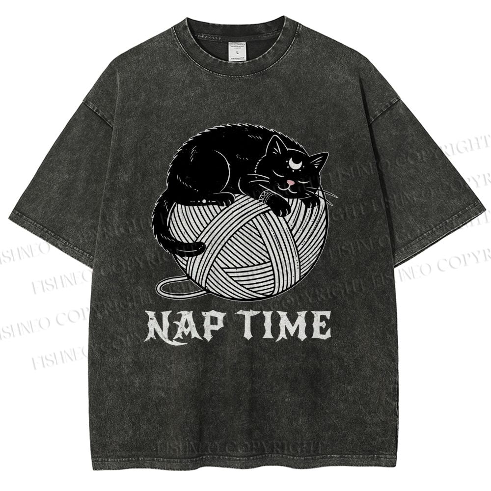 Unisex Nap Time Cat Printed Washed Tee