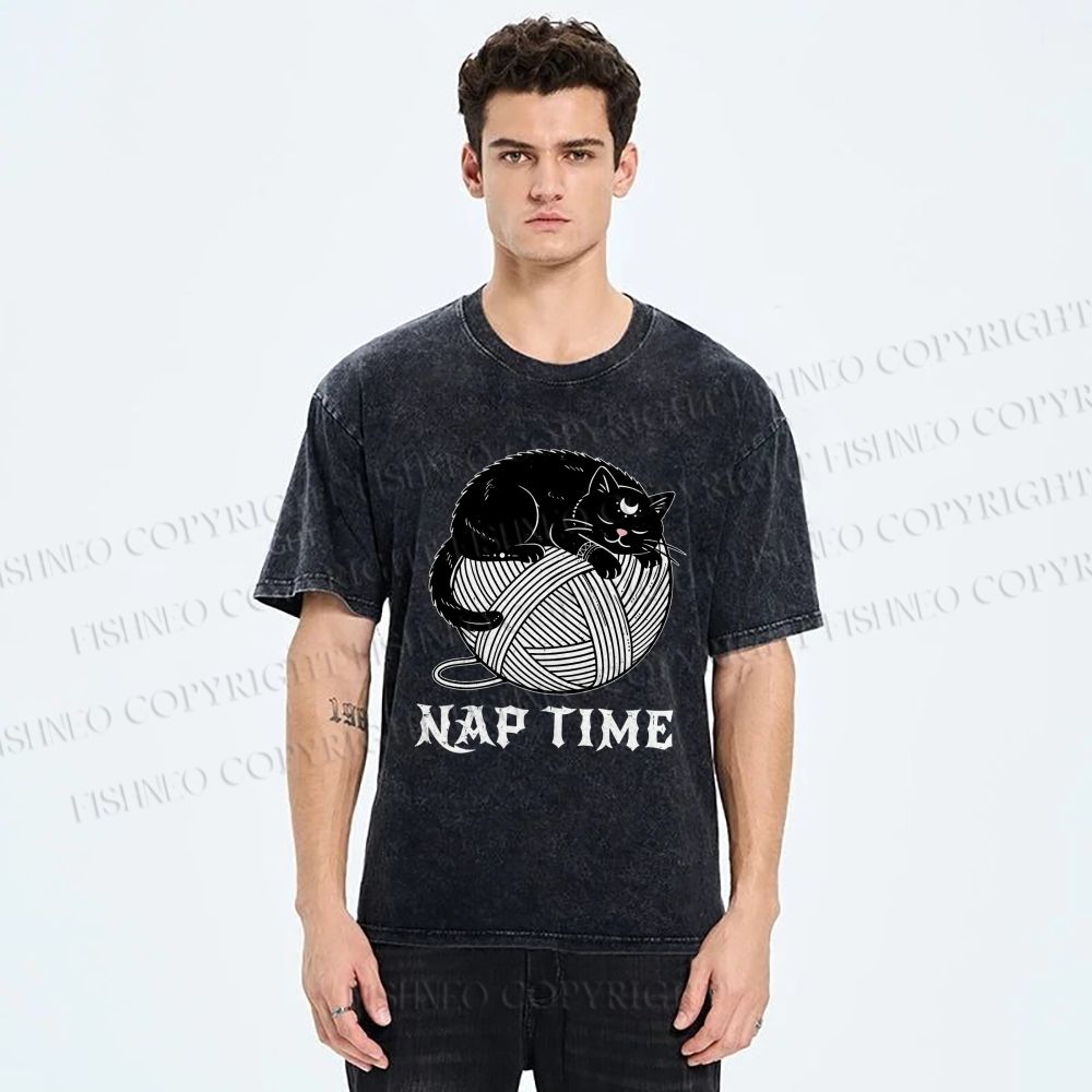 Unisex Nap Time Cat Printed Washed Tee