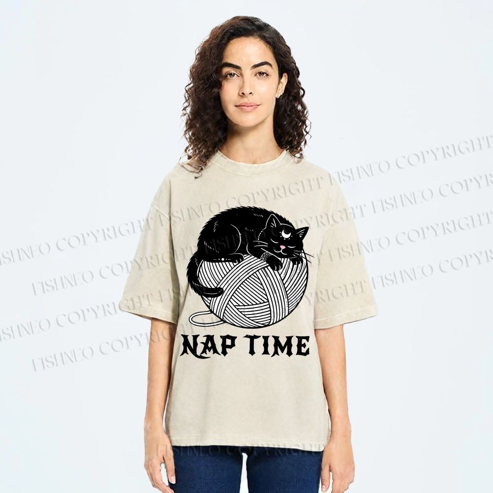 Unisex Nap Time Cat Printed Washed Tee