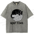 Unisex Nap Time Cat Printed Washed Tee