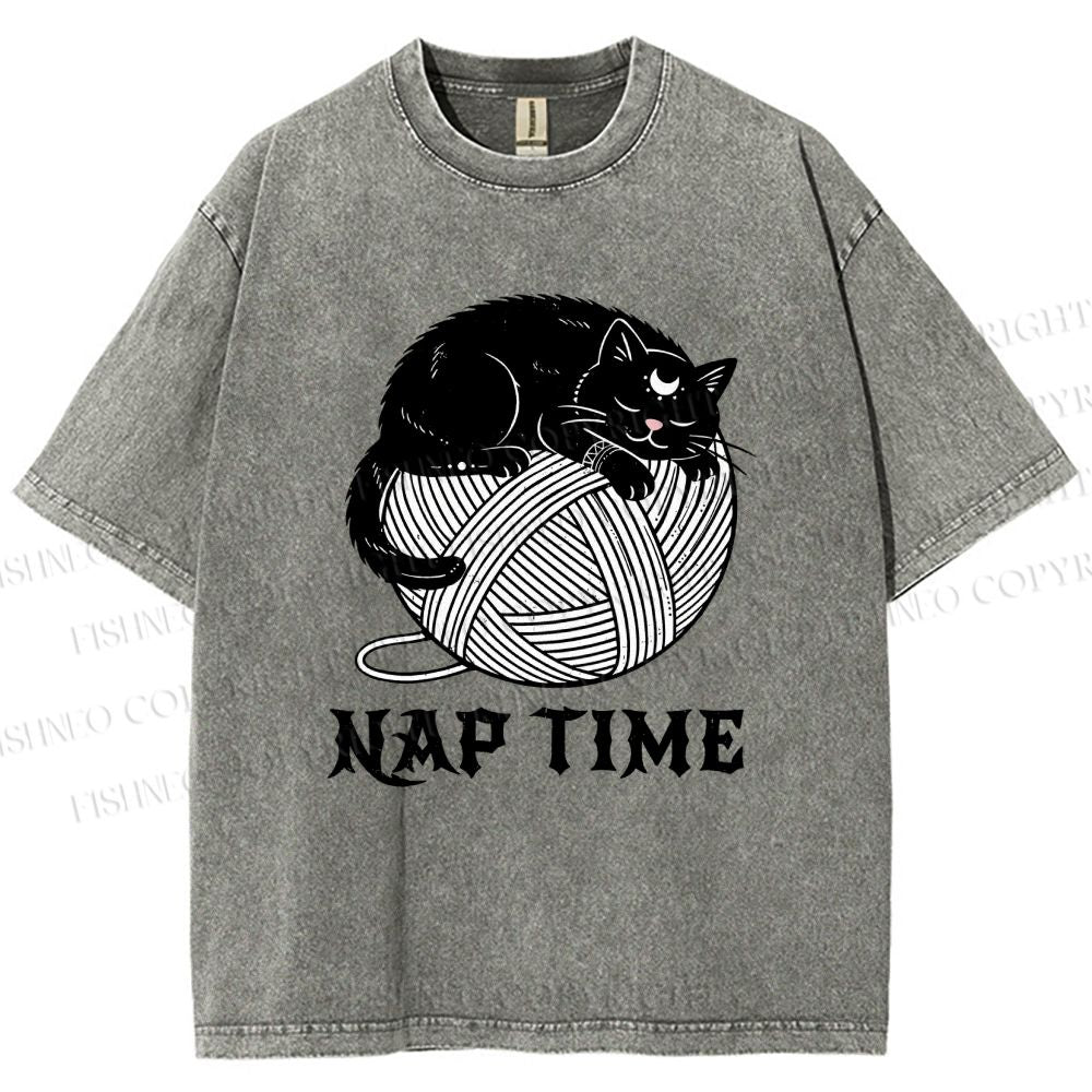 Unisex Nap Time Cat Printed Washed Tee