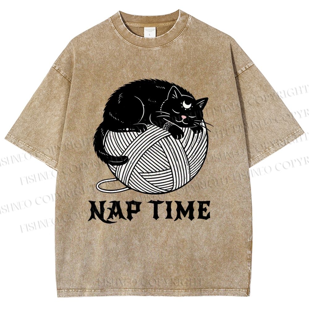 Unisex Nap Time Cat Printed Washed Tee