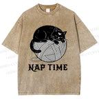 Unisex Nap Time Cat Printed Washed Tee