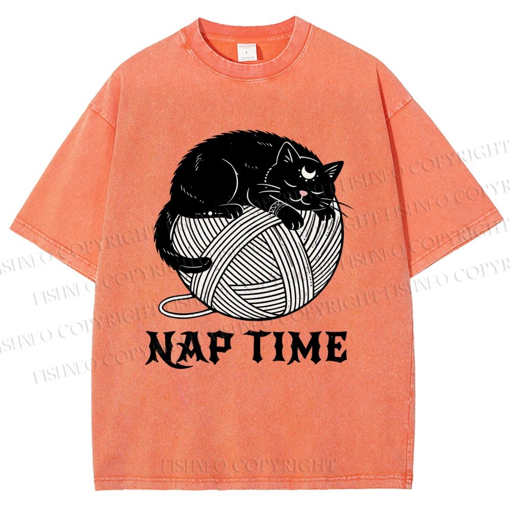 Unisex Nap Time Cat Printed Washed Tee