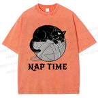 Unisex Nap Time Cat Printed Washed Tee
