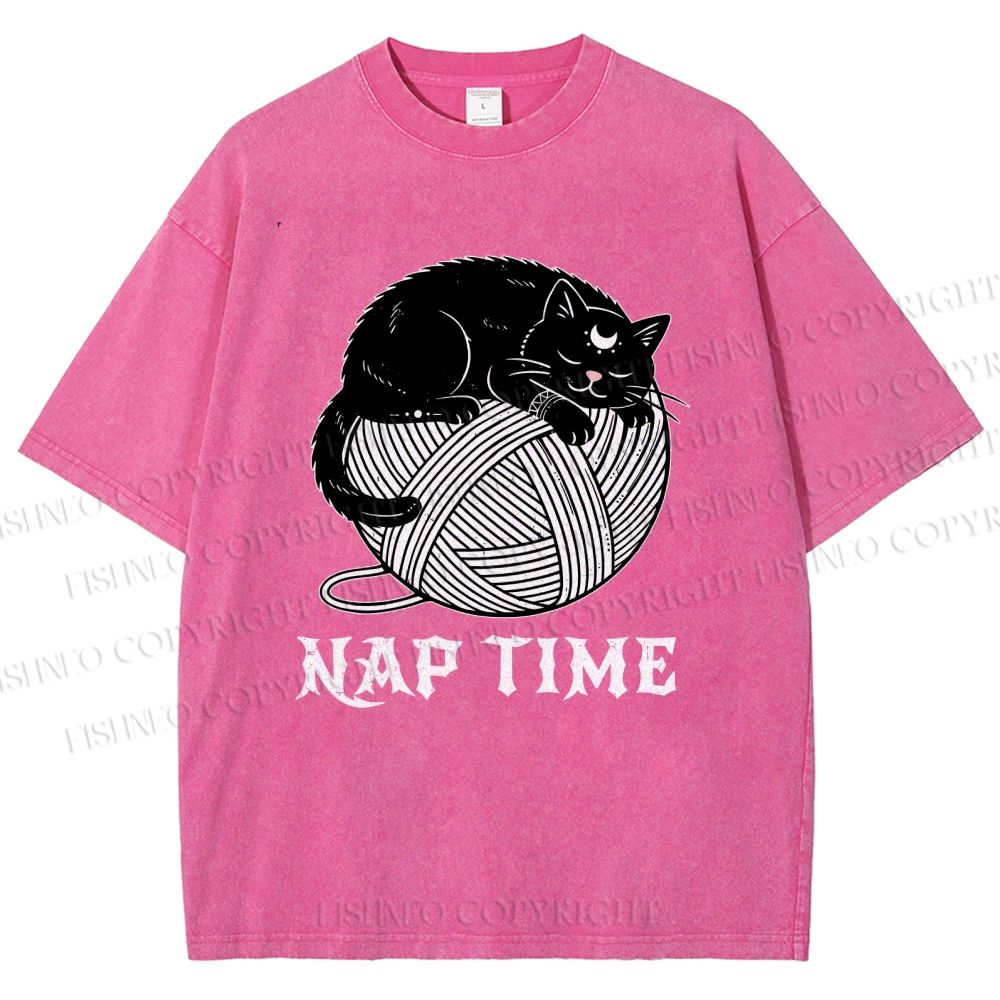 Unisex Nap Time Cat Printed Washed Tee