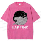 Unisex Nap Time Cat Printed Washed Tee