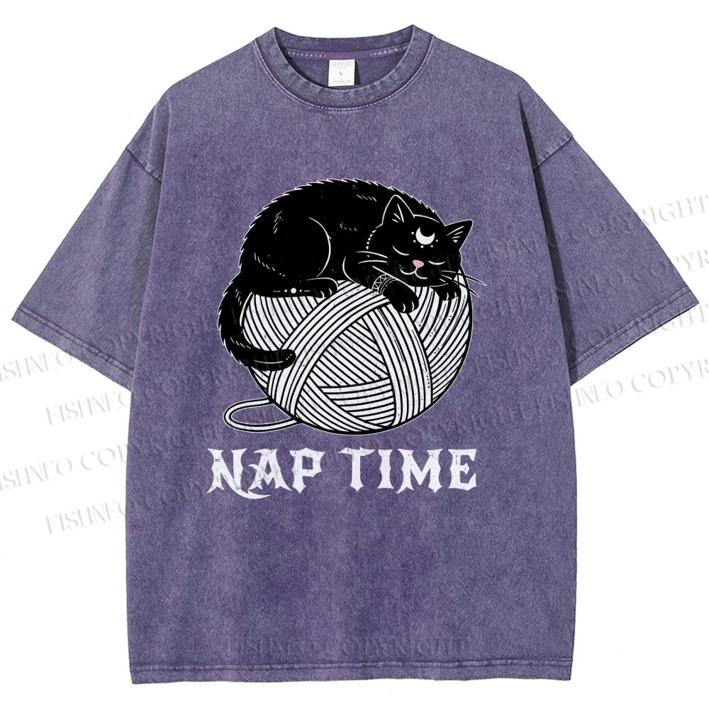 Unisex Nap Time Cat Printed Washed Tee