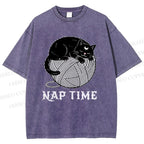 Unisex Nap Time Cat Printed Washed Tee