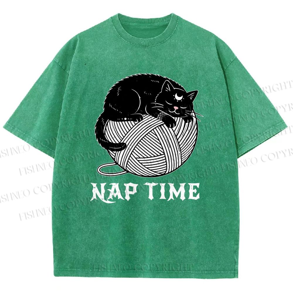 Unisex Nap Time Cat Printed Washed Tee